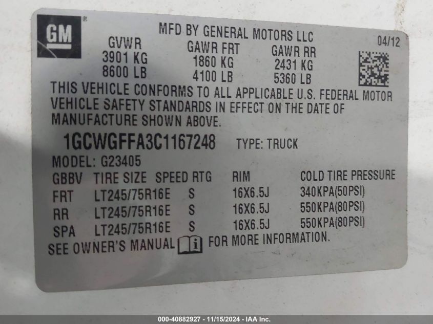2012 CHEVROLET EXPRESS 2500 VIN: 1GCWGFFA3C1167248
