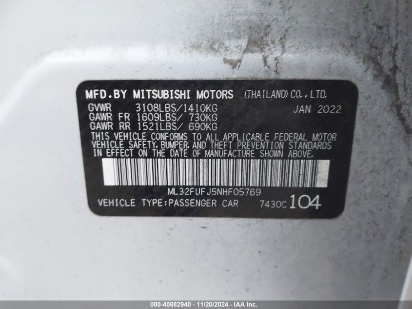 2022 Mitsubishi Mirage G4 Es VIN: ML32FUFJ5NHF05769 Lot: 40882940