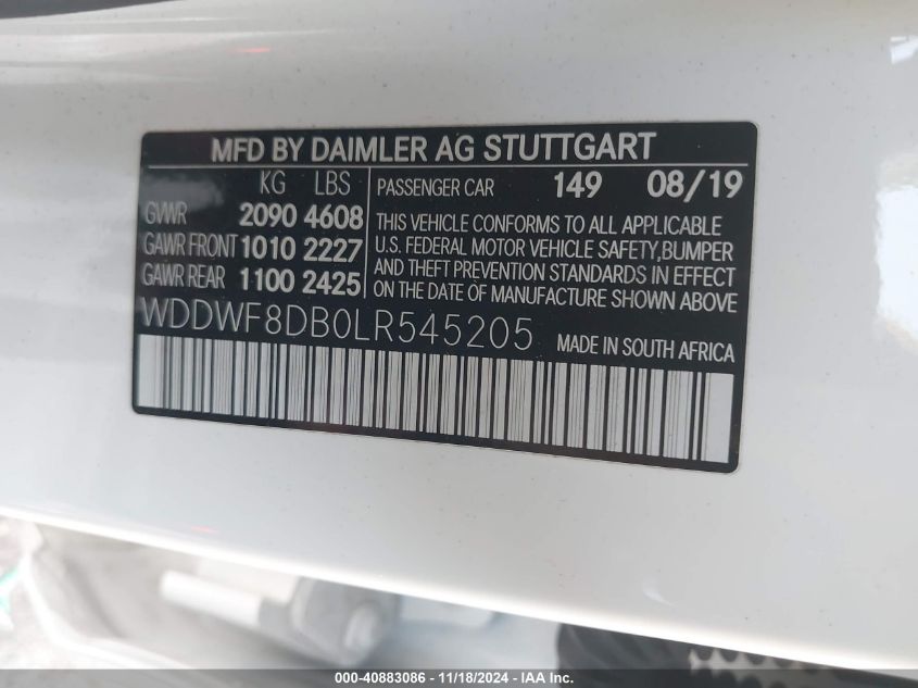 2020 Mercedes-Benz C 300 VIN: WDDWF8DB0LR545205 Lot: 40883086