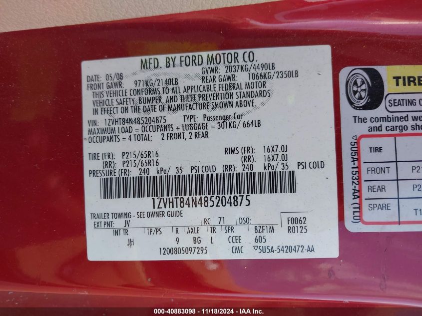 2008 Ford Mustang V6 Deluxe/V6 Premium VIN: 1ZVHT84N485204875 Lot: 40883098