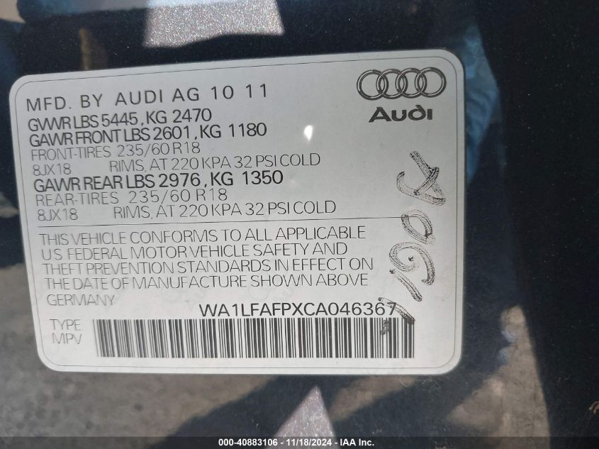 2012 Audi Q5 2.0T Premium VIN: WA1LFAFPXCA046367 Lot: 40883106