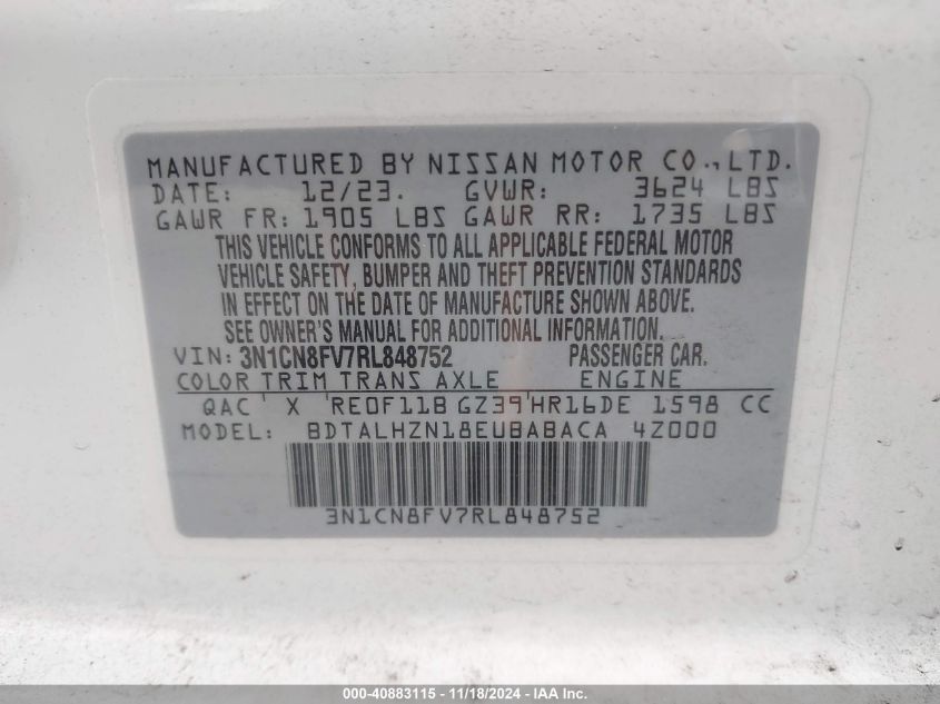 2024 Nissan Versa 1.6 Sr VIN: 3N1CN8FV7RL848752 Lot: 40883115