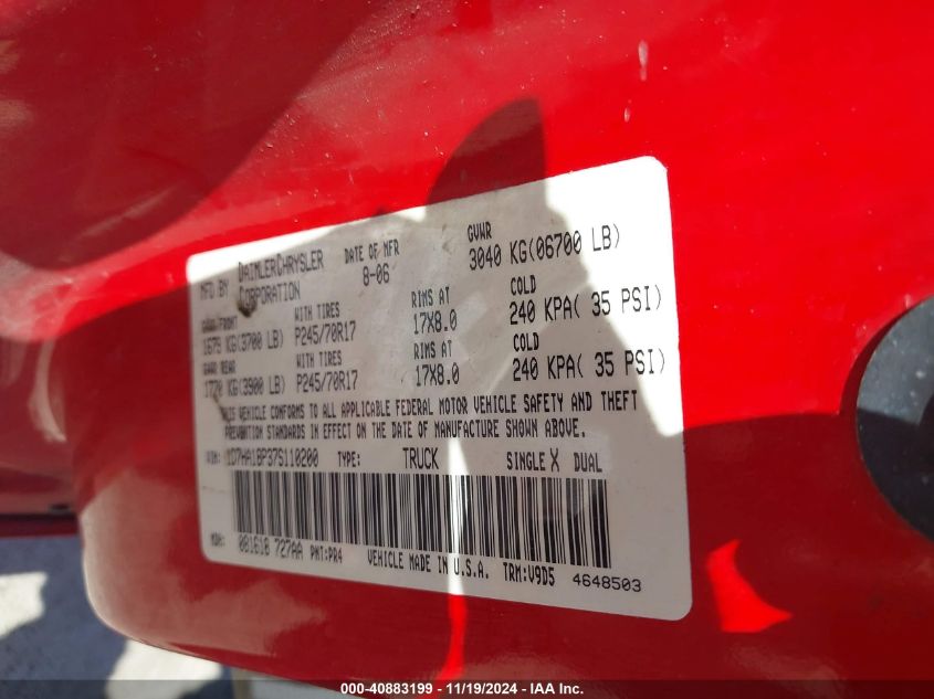 2007 DODGE RAM 1500 VIN: 1D7HA18P37S110200