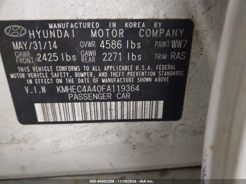 2015 Hyundai Sonata Hybrid Limited VIN: KMHEC4A40FA119364 Lot: 40883259