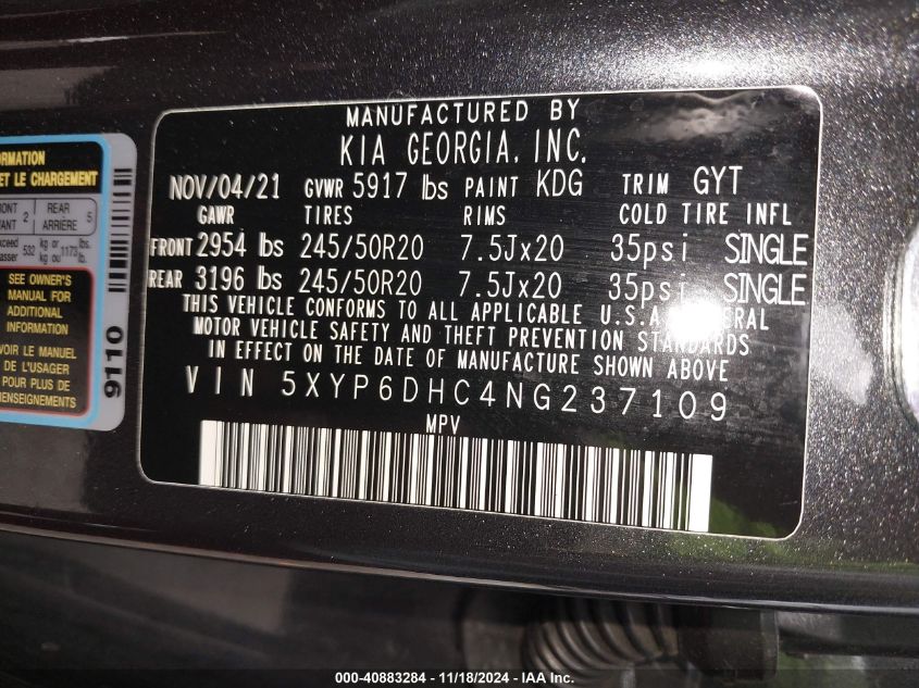 2022 Kia Telluride S VIN: 5XYP6DHC4NG237109 Lot: 40883284