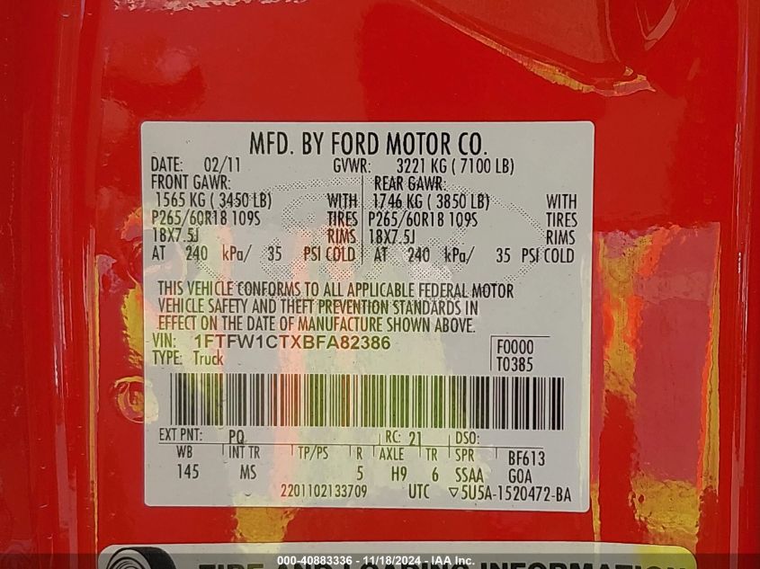 2011 Ford F-150 Xlt VIN: 1FTFW1CTXBFA82386 Lot: 40883336