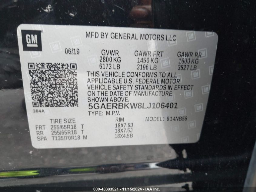 2020 Buick Enclave Fwd Essence VIN: 5GAERBKW8LJ106401 Lot: 40883521