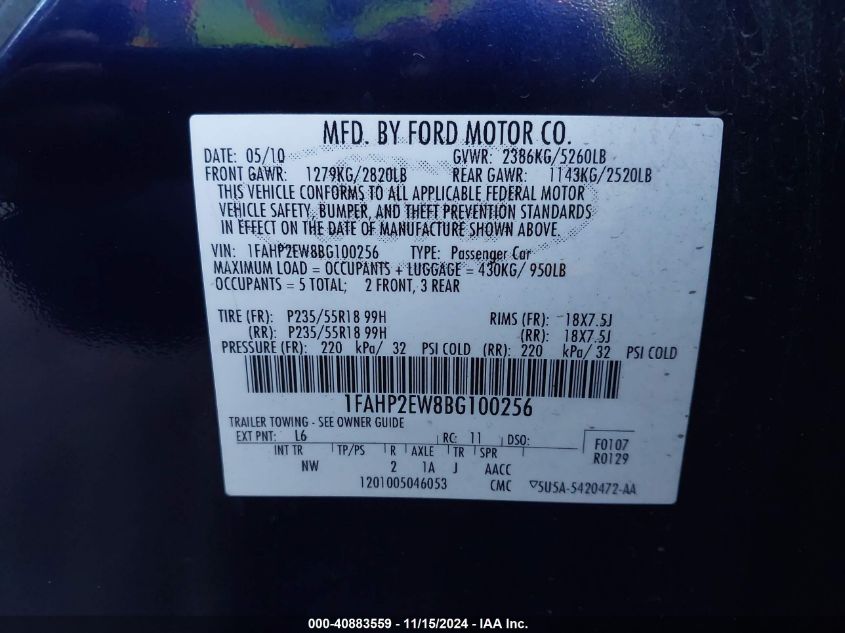 2011 Ford Taurus Sel VIN: 1FAHP2EW8BG100256 Lot: 40883559