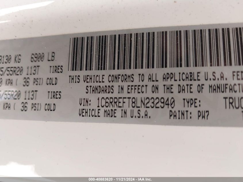 2020 Ram 1500 Lone Star 4X2 5'7 Box VIN: 1C6RREFT8LN232940 Lot: 40883620