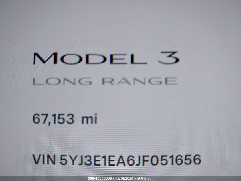 2018 Tesla Model 3 Long Range/Mid Range VIN: 5YJ3E1EA6JF051656 Lot: 40883689