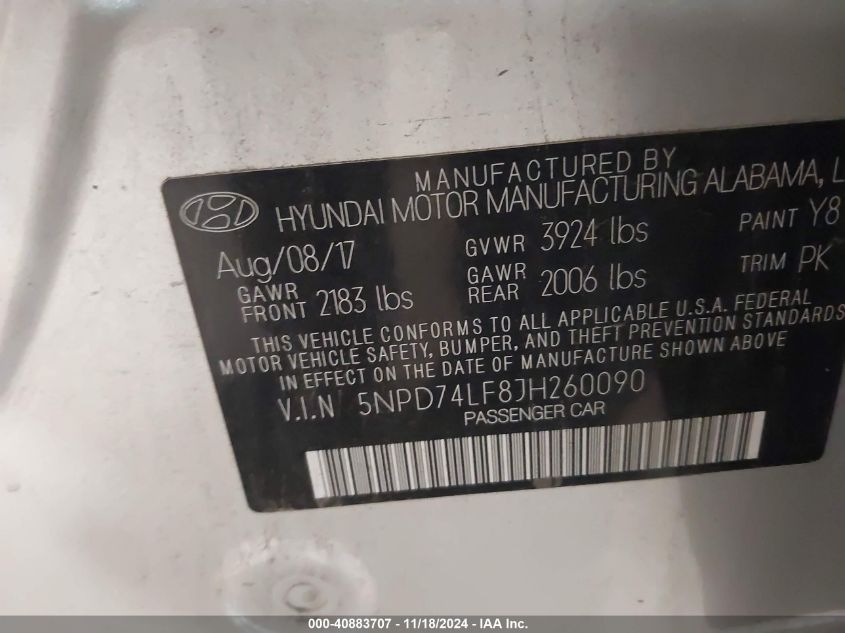 2018 HYUNDAI ELANTRA VIN: 5NPD74LF8JH260090