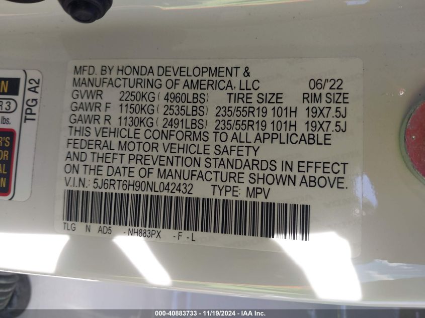 2022 Honda Cr-V Hybrid Touring VIN: 5J6RT6H90NL042432 Lot: 40883733