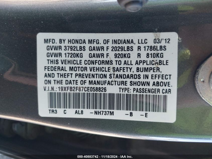 2012 Honda Civic Ex VIN: 19XFB2F87CE058826 Lot: 40883742