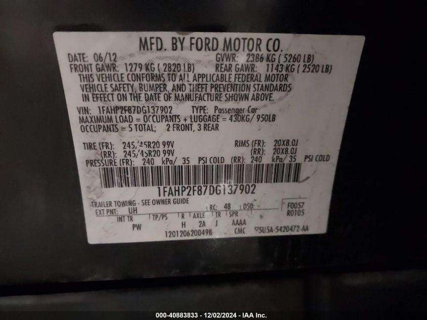 VIN 1FAHP2F87DG137902 2013 FORD TAURUS no.9