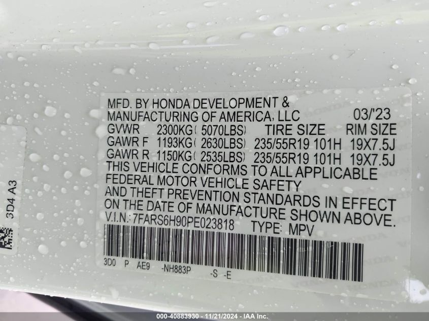 2023 Honda Cr-V Hybrid Sport Touring VIN: 7FARS6H90PE023818 Lot: 40883930