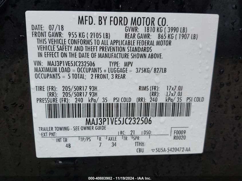 2018 Ford Ecosport Titanium VIN: MAJ3P1VE5JC232506 Lot: 40883982