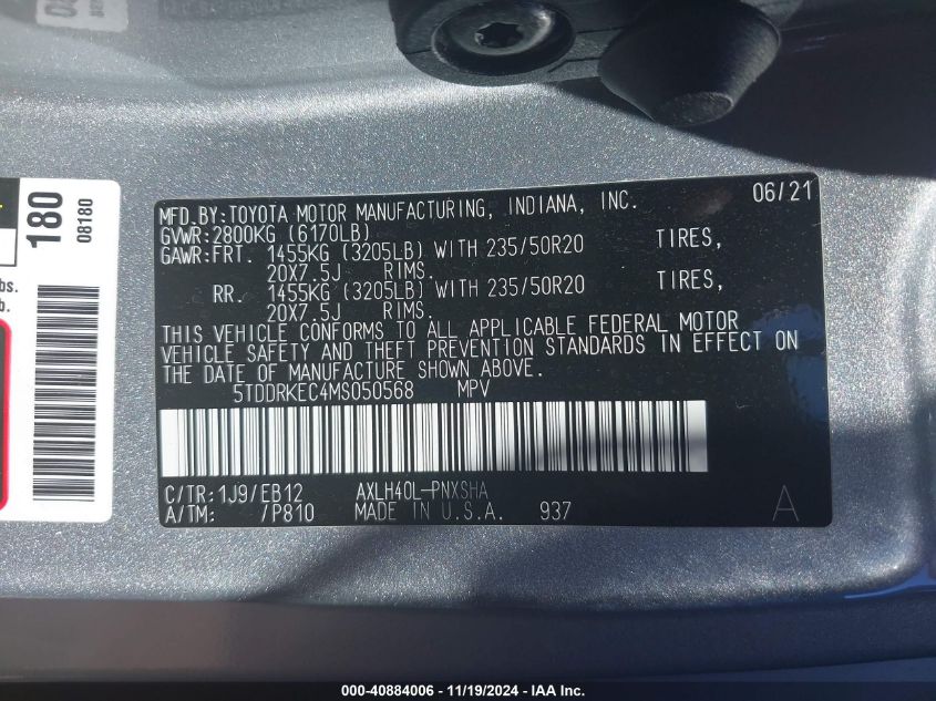 2021 Toyota Sienna Xse VIN: 5TDDRKEC4MS050568 Lot: 40884006