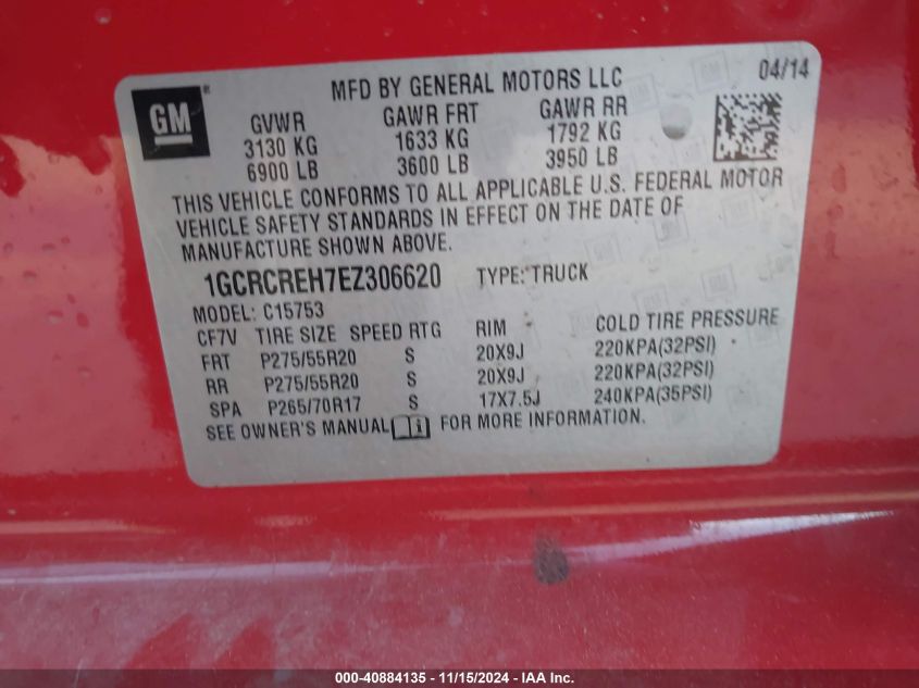 2014 CHEVROLET SILVERADO 1500 VIN: 1GCRCREH7EZ306620