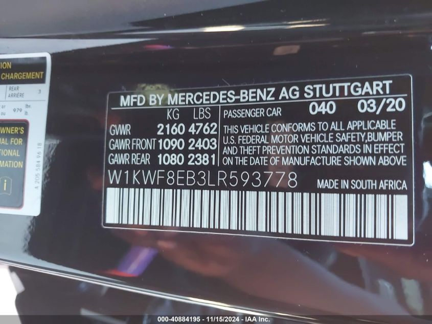 2020 Mercedes-Benz C 300 4Matic VIN: W1KWF8EB3LR593778 Lot: 40884195