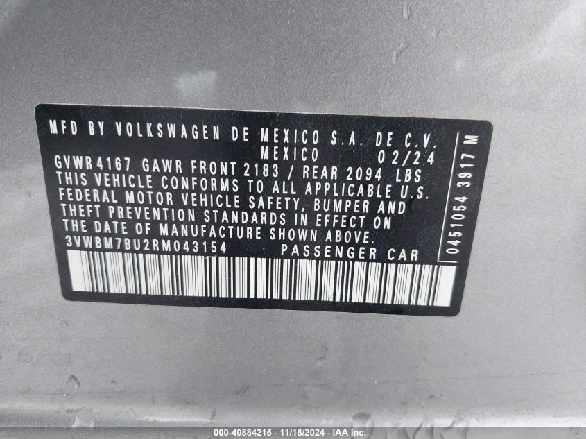 2024 VOLKSWAGEN JETTA VIN: 3VWBM7BU2RM043154