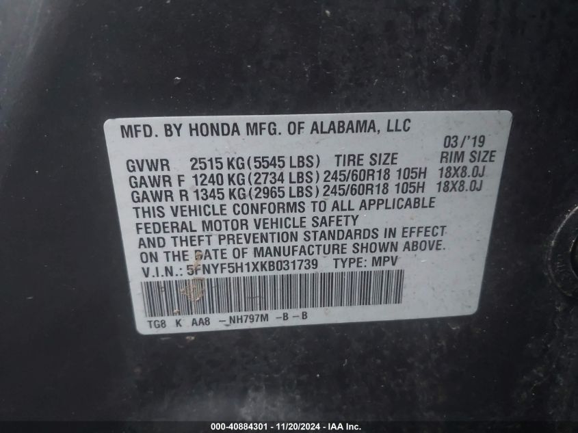 VIN 5FNYF5H1XKB031739 2019 HONDA PILOT no.9