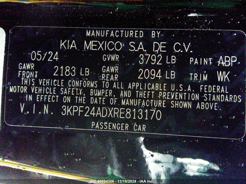 2024 Kia Forte Lxs VIN: 3KPF24ADXRE813170 Lot: 40884306