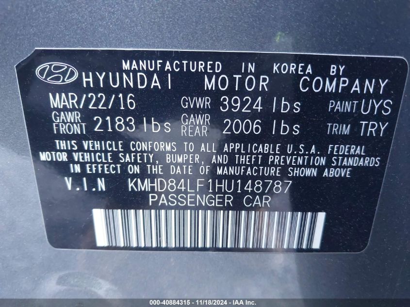 2017 Hyundai Elantra Limited VIN: KMHD84LF1HU148787 Lot: 40884315