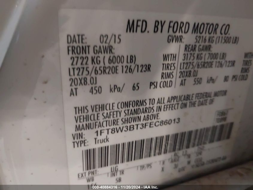 2015 Ford F-350 Lariat VIN: 1FT8W3BT3FEC86013 Lot: 40884316