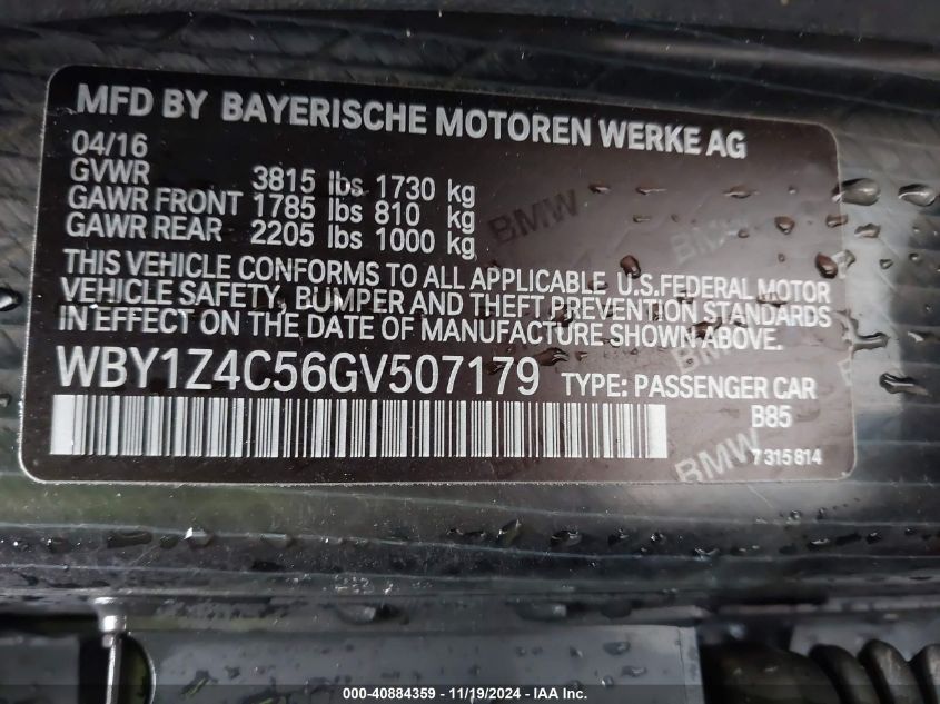 2016 BMW I3 BASE W/RANGE EXTENDER - WBY1Z4C56GV507179