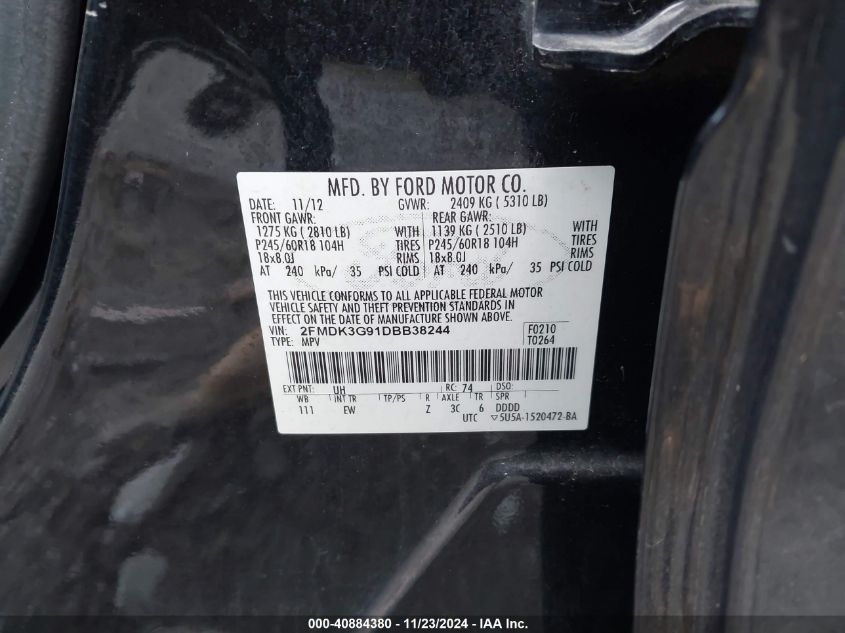 2013 Ford Edge Se VIN: 2FMDK3G91DBB38244 Lot: 40884380