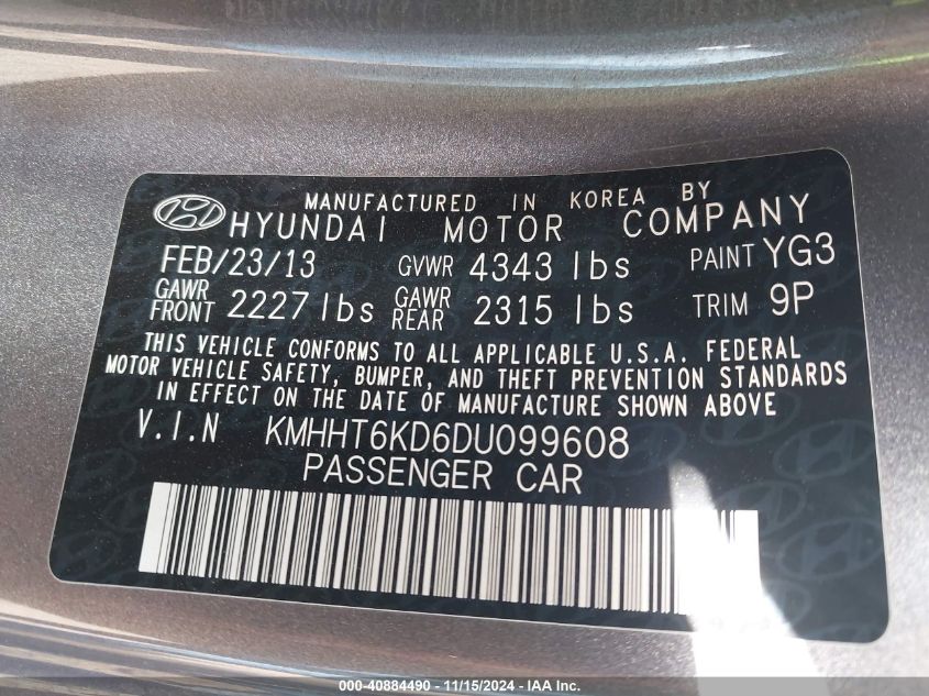 2013 Hyundai Genesis 2.0T Premium VIN: KMHHT6KD6DU099608 Lot: 40884490