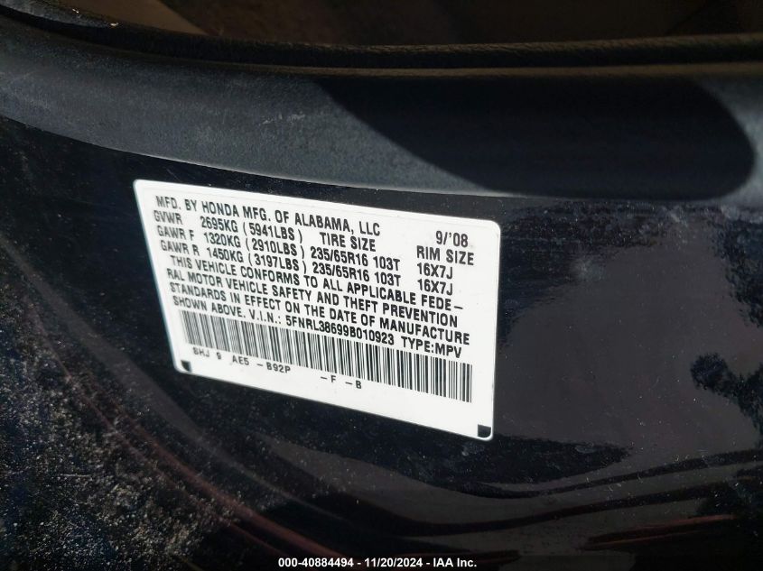 2009 Honda Odyssey Ex-L VIN: 5FNRL38699B010923 Lot: 40884494