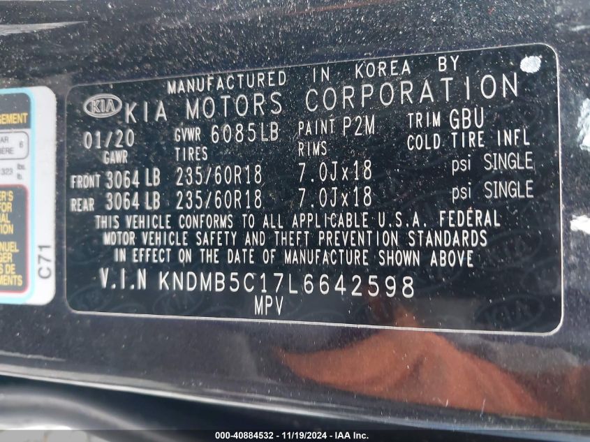 2020 Kia Sedona Ex VIN: KNDMB5C17L6642598 Lot: 40884532