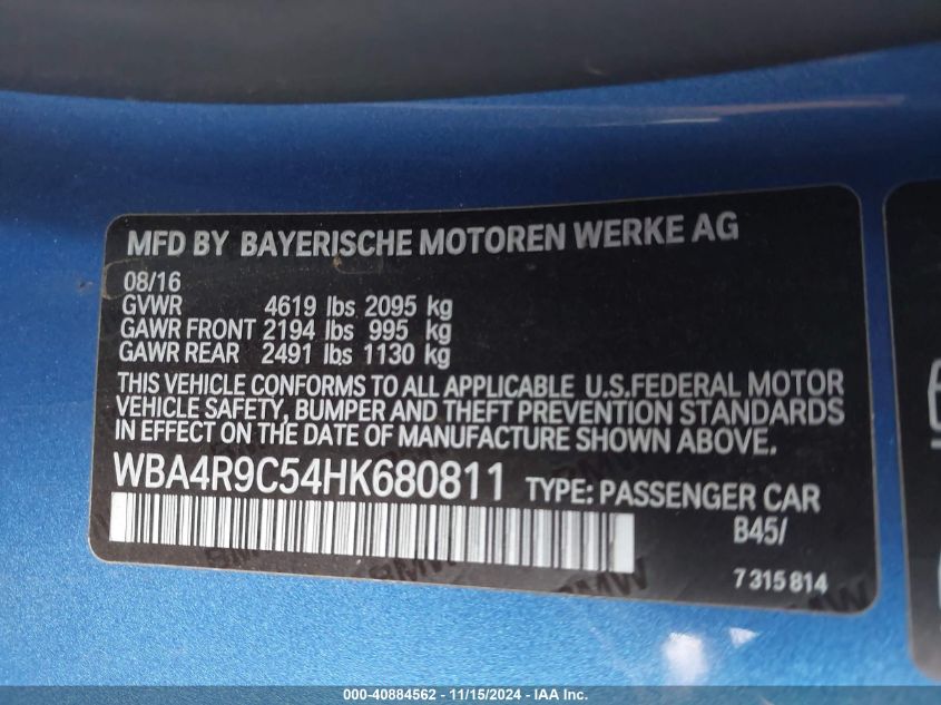 VIN WBA4R9C54HK680811 2017 BMW 4 Series, 430I Xdrive no.9