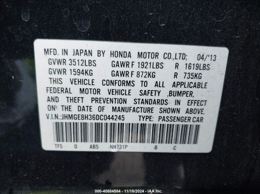 2013 Honda Fit VIN: JHMGE8H36DC044245 Lot: 40884584