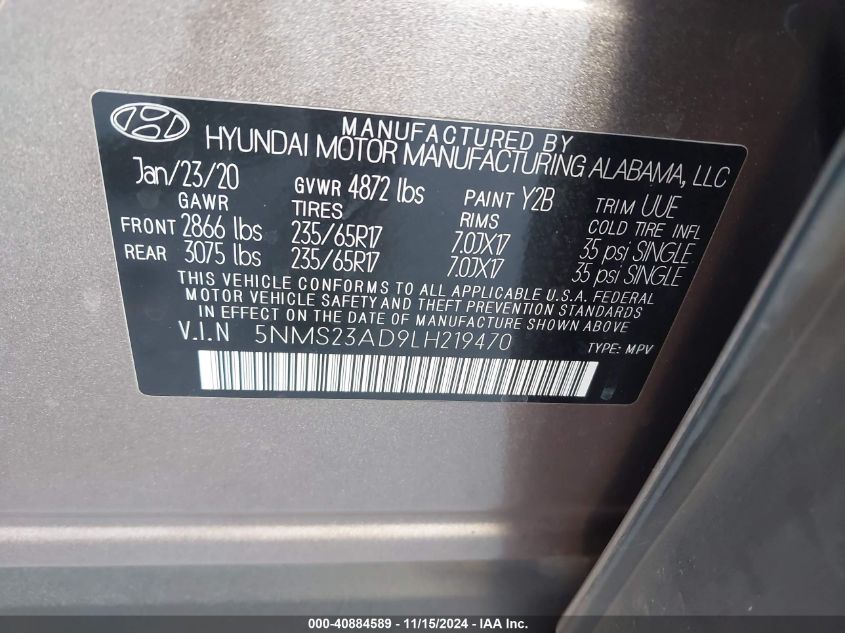 2020 Hyundai Santa Fe Se VIN: 5NMS23AD9LH219470 Lot: 40884589