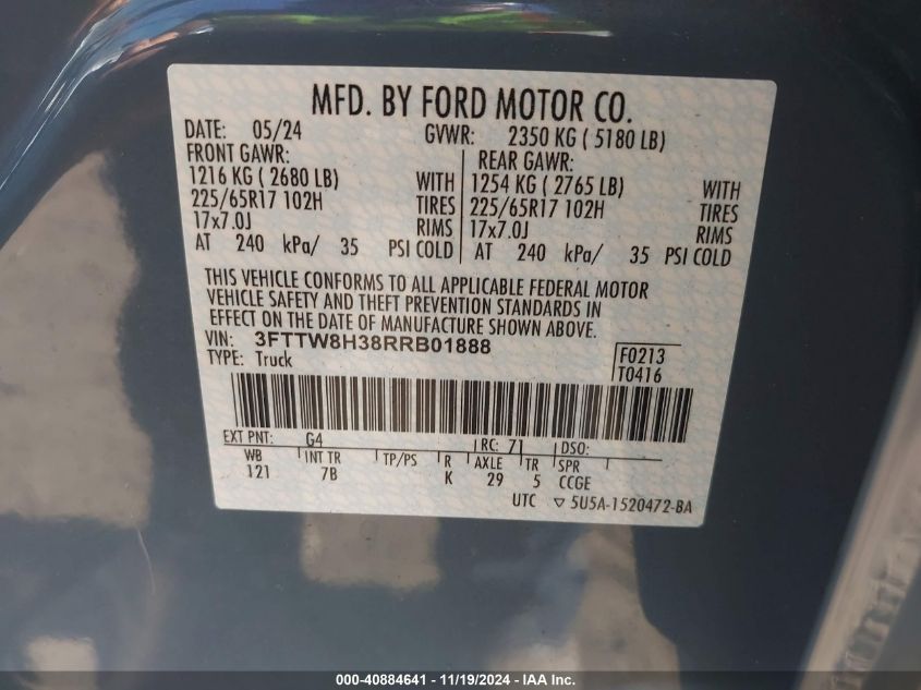 2024 Ford Maverick Xlt VIN: 3FTTW8H38RRB01888 Lot: 40884641