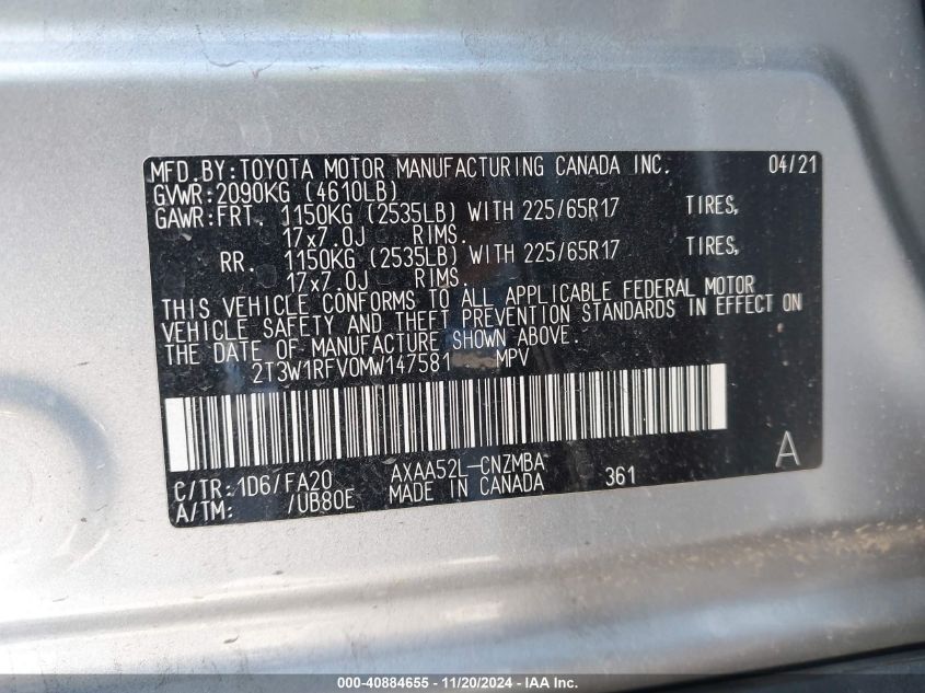 2021 Toyota Rav4 Xle VIN: 2T3W1RFV0MW147581 Lot: 40884655