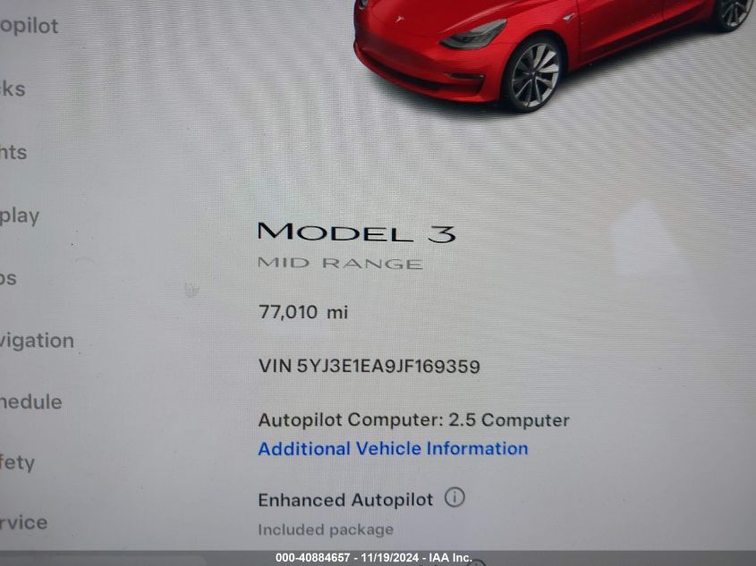 2018 Tesla Model 3 Long Range/Performance VIN: 5YJ3E1EA9JF169359 Lot: 40884657