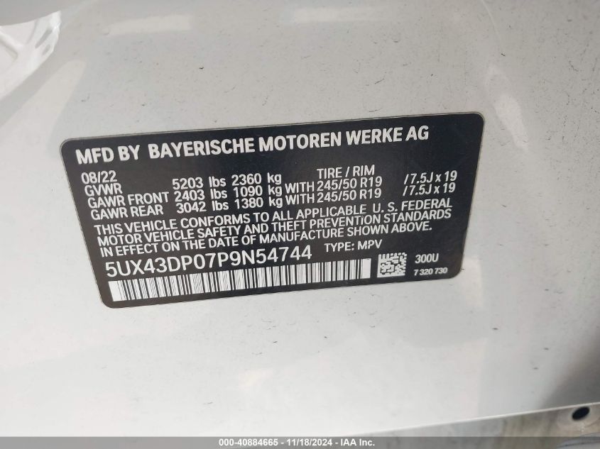 2023 BMW X3 Sdrive30I VIN: 5UX43DP07P9N54744 Lot: 40884665