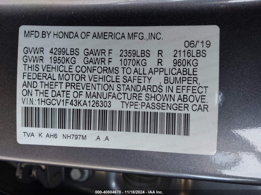 2019 HONDA ACCORD EX - 1HGCV1F43KA126303