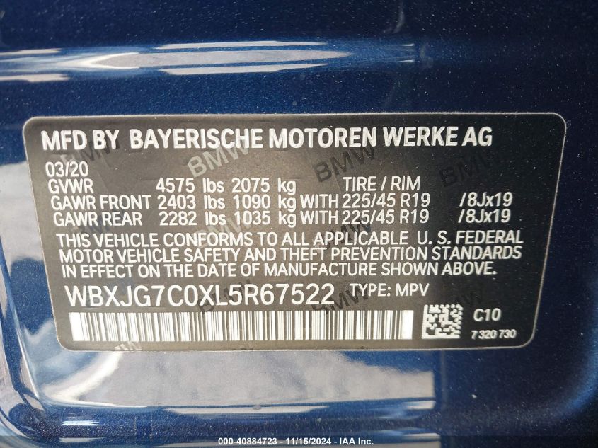 2020 BMW X1 Sdrive28I VIN: WBXJG7C0XL5R67522 Lot: 40884723