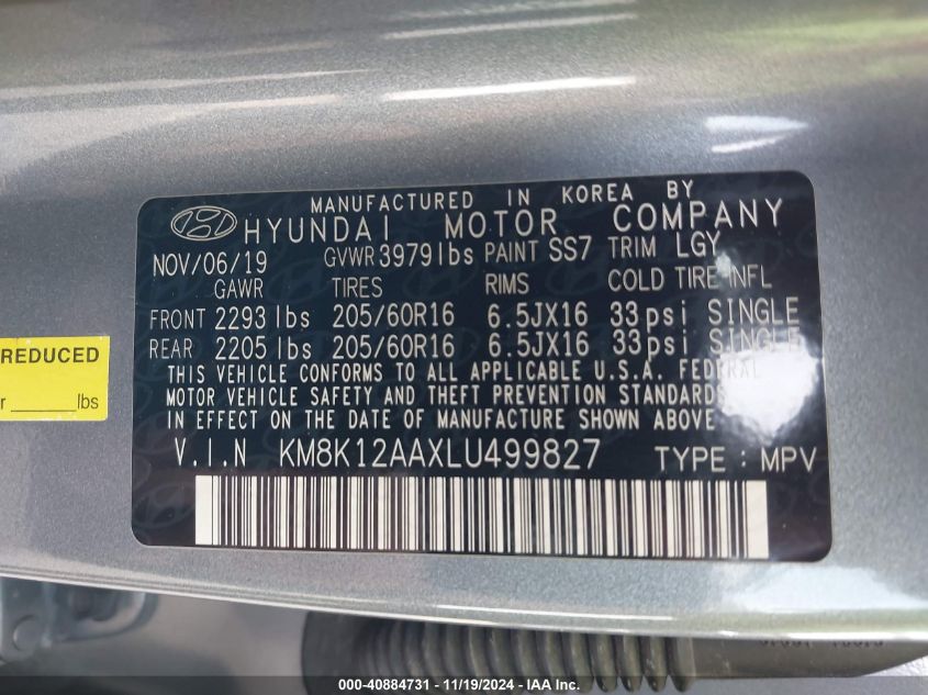 2020 Hyundai Kona Se VIN: KM8K12AAXLU499827 Lot: 40884731