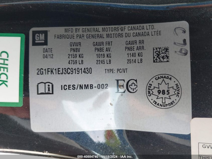 2012 CHEVROLET CAMARO VIN: 2G1FK1EJ3C9191430