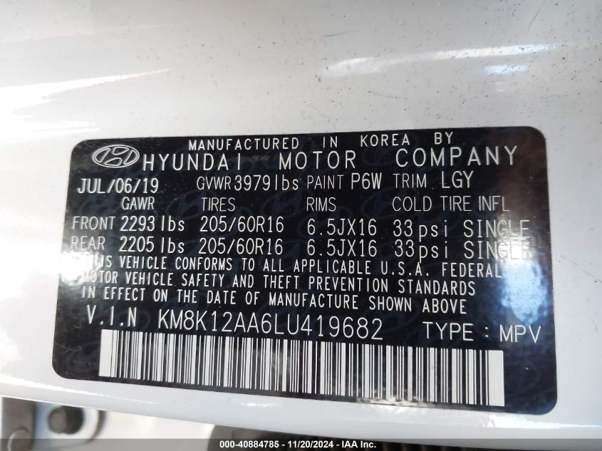 2020 Hyundai Kona Se VIN: KM8K12AA6LU419682 Lot: 40884785