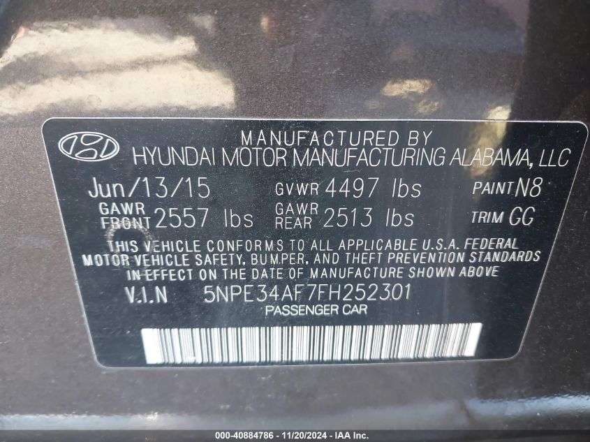 2015 Hyundai Sonata Sport VIN: 5NPE34AF7FH252301 Lot: 40884786