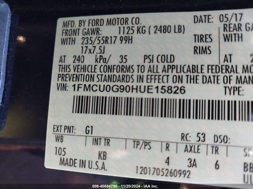 2017 Ford Escape Se VIN: 1FMCU0G90HUE15826 Lot: 40884790