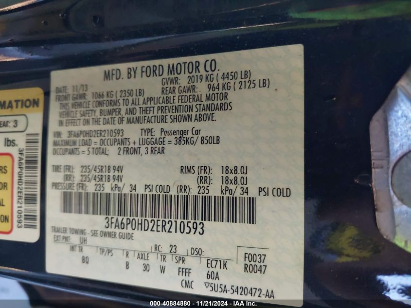 2014 Ford Fusion Se VIN: 3FA6P0HD2ER210593 Lot: 40884880