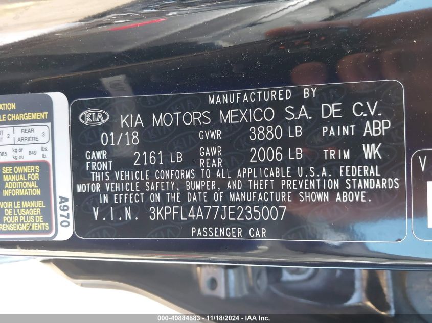 VIN 3KPFL4A77JE235007 2018 KIA FORTE no.9