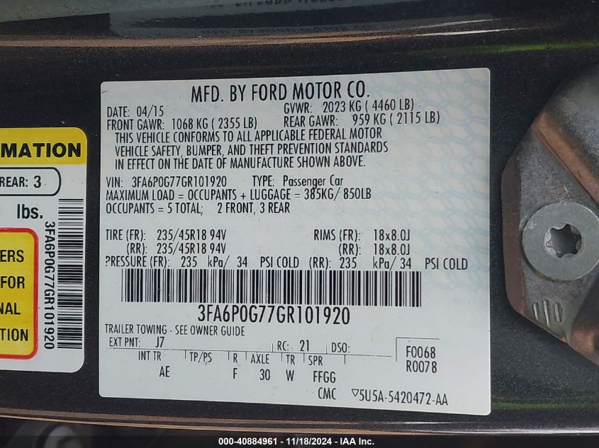 VIN 3FA6P0G77GR101920 2016 Ford Fusion, S no.9